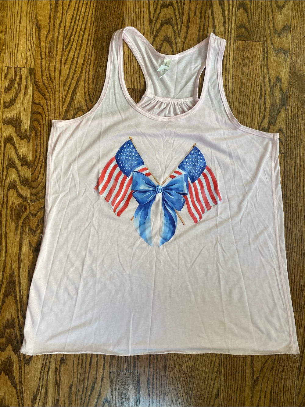 Bella Canvas Light Pink Racerback Tank with American Flag and Bow, size large